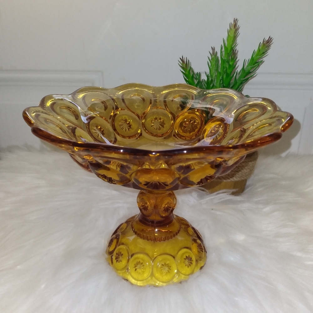 Vintage amber pedestal Bowl candy dish / mid-century glass fruit bowl